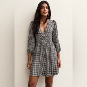 Selected Femme Black & Sandshell Check Wrap Dress Balloon Sleeve Size S